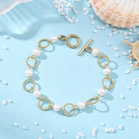 Natural Cultured Freshwater Pearl Beads & Brass Open Jump Rings Link Bracelets for Women BJEW-JB14113-1