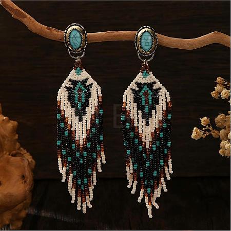 Bohemian Handmade Glass Seed Beads Tassel Stud Earrings EB9542-2-1