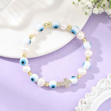 Evil Eye Lampwork and Natural Cultured Freshwater Pearl Beaded Stretch Bracelets BJEW-JB14283-01-1