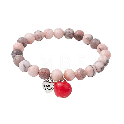 Teachers' Day Thank You 8mm Round Natural Zebra Jasper Stretch Bracelets BJEW-JB10432-02-1