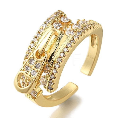 Rack Plating Zipper Shape Brass Clear Cubic Zirconia Open Cuff Rings RJEW-S411-24G-1