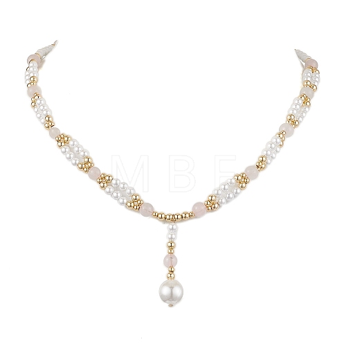 Shell Pearl & Natural Rose Quartz Pendants Necklaces NJEW-JN04903-1