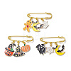 3Pcs 3 Style Halloween Theme Pumpkin & Moon & Bat & Ghost Alloy Enamel Charms Safety Pin Brooches JEWB-BR00095-1