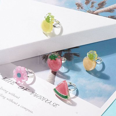 Jelly Color 3D Resin Fruit Adjustable Ring RJEW-JR00455-1