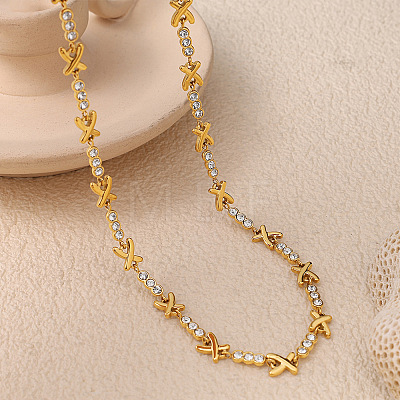 304 Stainless Steel Crystal Rhinestone X Shaped Link Chain Necklaces for Women WG9D37B-02-1