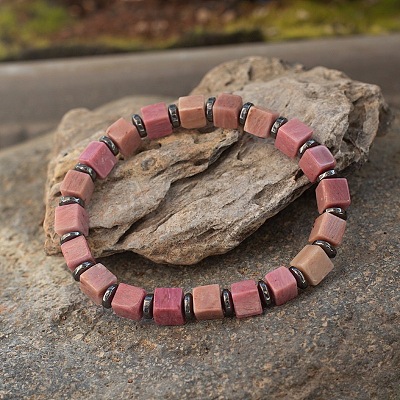 Cube Natural Rhodonite & Synthetic Non-magnetic Hematite Beads Stretch Bracelets for Women Men PF6426-13-1