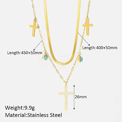 304 Stainless Steel & Clear Cubic Zirconia & Synthetic Turquoise Double Layer Necklaces FS-WG7985A-09-1