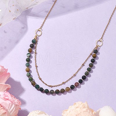6mm Round Natural Indian Agate Beaded Lariat Necklaces NJEW-JN04964-1
