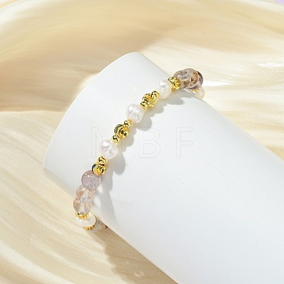 Round Natural Lodolite Quartz & Cultured Freshwater Pearl & Brass Beaded Stretch Bracelets for Women BJEW-JB14060-03-1