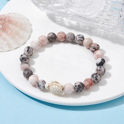 Natural Pink Zebra Jasper & Howlite Turtle Beaded Stretch Bracelets BJEW-JB09831-1