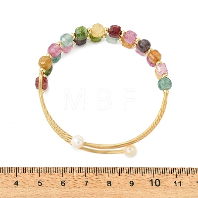 Cube Natural Tourmaline & Freshwater Pearl Beaded Copper French Wire Wrap Cuff Bangles BJEW-JB13984-01-1