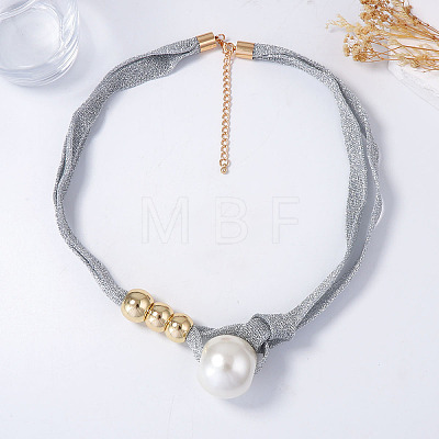White Imitation Pearl Round Pendant Cloth Cord Necklaces with CCB Plastic Beads for Women WGDA1DD-01-1