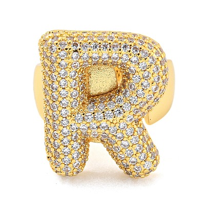 Brass Micro Pave Clear Cubic Zirconia Letter Open Cuff Ring for Women RJEW-M173-01G-R-1