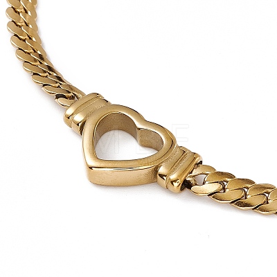 304 Stainless Steel Hollow Out Heart Charm Necklace with Cuban Link Chains for Women NJEW-P269-01G-1