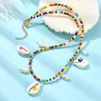 Natural Shell Evil Eye & Pearl Bib Necklace with Glass Seed Beaded Chains NJEW-TA00104-1