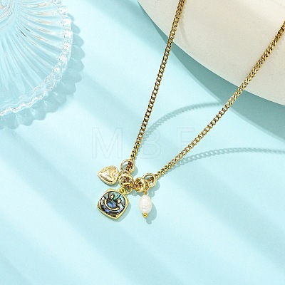 Brass Natural Paua Shell & Pearl Pendant 304 Stainless Steel Curb Chain Necklaces for Women NJEW-JN06258-04-1