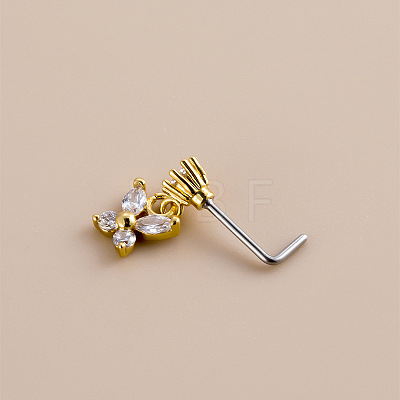 316L Surgical Stainless Steel Micro Pave Clear Cubic Zirconia Butterfly Dangle L-Shaped Nose Rings WG03EB8-02-1