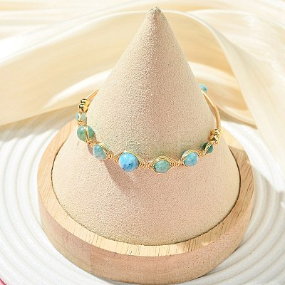 Herringbone Wire-Wrapped Natural Hemimorphite Brass Cuff Bangles BJEW-JB14039-02-1