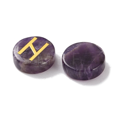 Brass Elder Futhark Alphabet Engraved Symbol Flat Round Natural Amethyst Rune Stones G-I373-01M-1