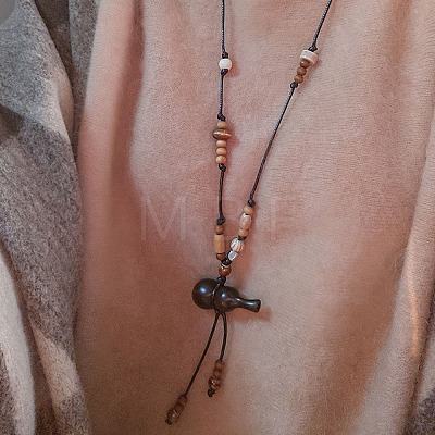 Wood Gourd Pendant Adjustable Braided Waxed Cord Necklaces with Porcelain Beads for Women WGF2CB3-01-1