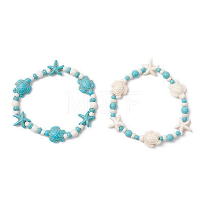 2Pcs Starfish & Turtle Synthetic Turquoise Beads Stretch Bracelets for Women BJEW-JB11921-1