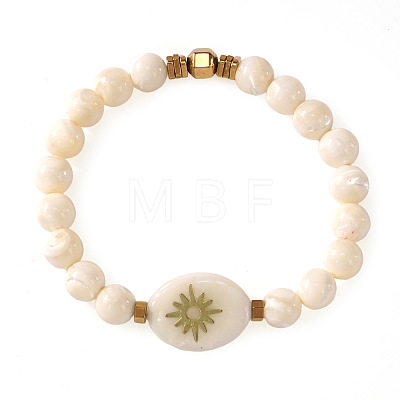 Round Natural Shell & Synthetic Non-magnetic Iron Hematite Beads Stretch Bracelets RD2140-1