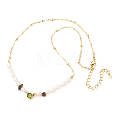 Natural Tiger Eye Chip and Rice Natural Pearl Beaded Necklaces GG-CBA3297-15G-A-1