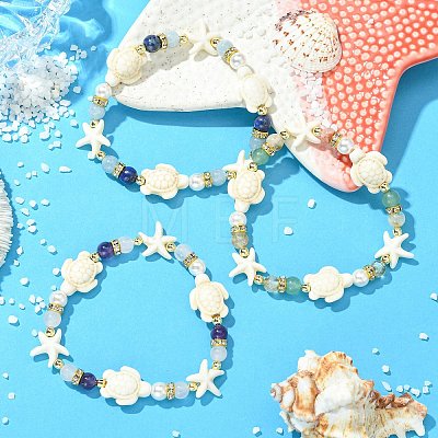 3Pcs Shell Pearl & Natural & Synthetic Mixed Gemstone Beads Stretch Bracelets for Women BJEW-JB13898-1
