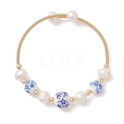 Handmade Porcelain & Natural Cultured Freshwater Pearl & Non-magnetic Synthetic Hematite Beaded Cuff Bangles for Women BJEW-JB14022-01-1