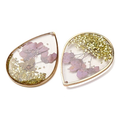 Brass & Transparent Epoxy Resin & Dried Flower Pendants RESI-G133-04G-03-1