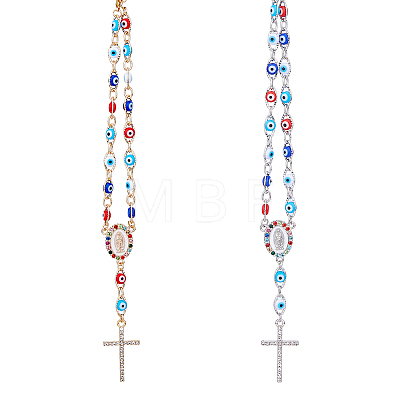 DICOSMETIC 2Pcs 2 Colors Alloy Rhinestone Cross Charm Bracleet with Colorful Resin Evil Eye Beaded Chains BJEW-DC0001-07-1