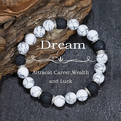 Synthetic Howlite & Natural Lava Rock Round Beads Stretch Bracelets for Women Men SU9412-3-1