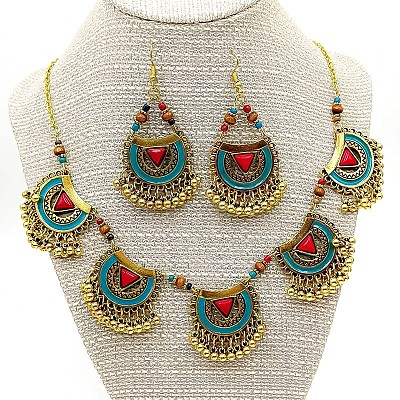 Bohemian Alloy Enamel & Wood Bead & Glass & Resin Tassel Pendant Necklaces & Dangle Earrings Sets FS-WG7EA3D-01-1