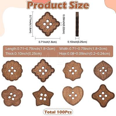 100Pcs 8 Styles 4-Hole Wood Buttons BUTT-FS0001-01B-1
