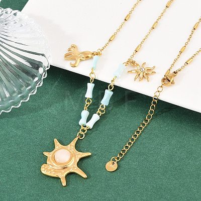 304 Stainless Steel Crystal Rhinestone and Cat Eye Conch Shape Octopus Pendant Dyed Natural Shell Bamboo Stick Link Chain Necklaces NJEW-K252-11G-1