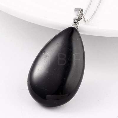 Teardrop Platinum Tone Brass Black Agate Pendants G-F267-07K-1