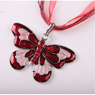 Butterfly Alloy Enamel & Rhinestone Pendant Waxed Cord Necklaces for Women FS-WGA0605-01-1
