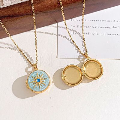 Brass Enamel Flat Round with Sun Photo Locket Pendant Necklaces for Women WG97D23-02-1