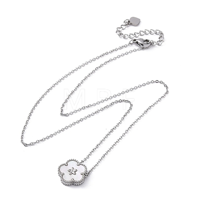 304 Stainless Steel Pave Natural White Shell Flower Pendant Necklaces for Women NJEW-U032-16P-03-1