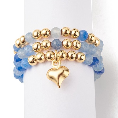 3Pcs 3 Style Natural Gemstone & Brass Beaded Finger Rings with 304 Stainless Steel Heart Charms for Women RJEW-JR00471-1