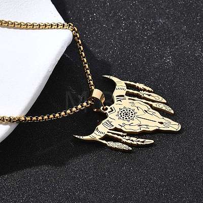 Punk Style 304 Stainless Steel Laser Cut Cattle Head Pendant Box Chain Necklaces for Women Men NJEW-E156-04G-1