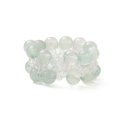 Natural Green Aventurine & Glass Braided Beaded Stretch Ring for Women RJEW-JR00546-01-1
