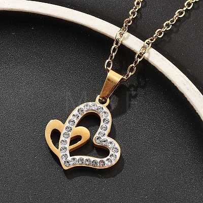 304 Stainless Steel Crystal Rhinestone Heart Pendant Cable Chain Necklaces for Women NJEW-Z056-01A-G-1