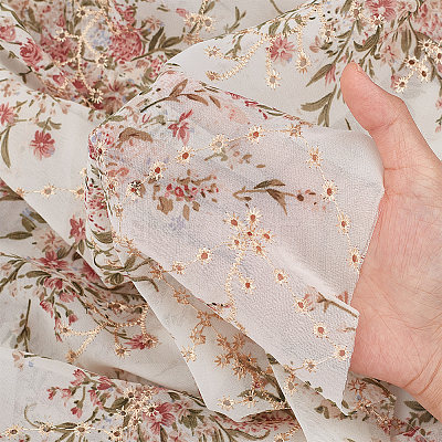 Embroidered Flowers Chiffon Fabric DIY-WH0308-386A-1