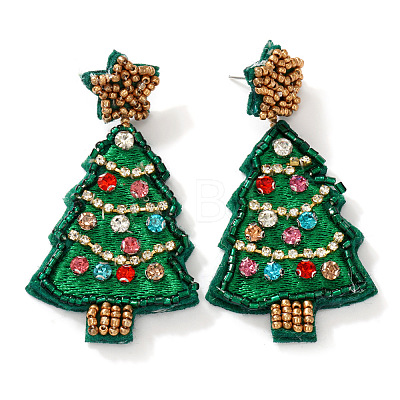 Christmas Tree with Star Handmade Glass Seed Beads Dangle Stud Earrings HU0349-5-1