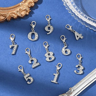10Pcs 10 Styles Number 0~9 Alloy Rhinestone Pendant Decorations HJEW-YW00549-1