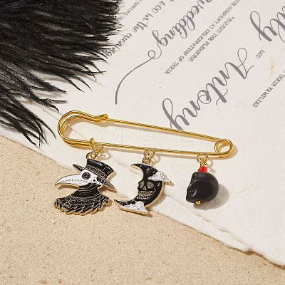 Halloween Crow & Moon Enamel Charm Brooch Pin with Synthetic Turquoise JEWB-BR00071-1