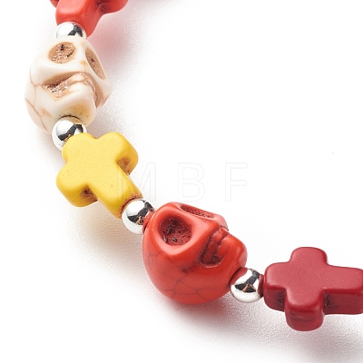 Synthetic Turquoise(Dyed) Cross & Skull Beaded Stretch Bracelet BJEW-JB08452-02-1
