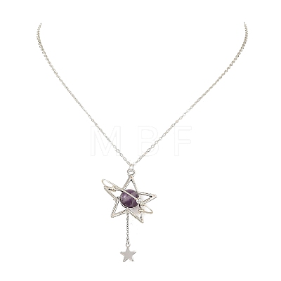 Natural Amethyst Alloy Star Pendant Necklaces for Women NJEW-TA00273-03-1