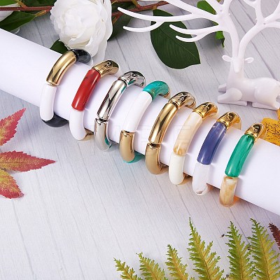 Imitation Jade and Wooden Chunky Curved Tube Beads Stretch Bracelets Set BJEW-SW00018-1